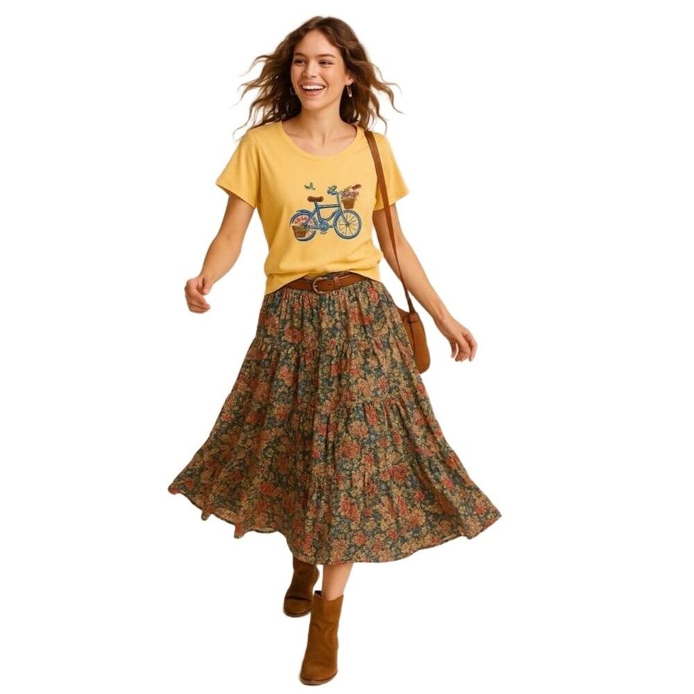 Liberty Lane Yellow Short Sleeve Bicycle Embroidery Floral  TShirt Size 1X‎